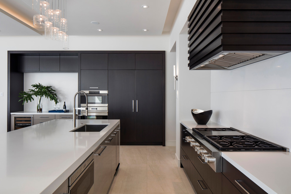 Design ideas for a large contemporary open plan kitchen in Orlando with flat-panel cabinets, quartz benchtops, white splashback, porcelain floors and multiple islands.