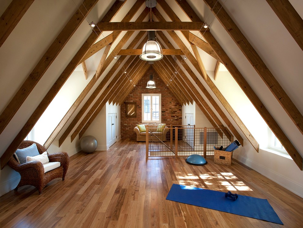 Design ideas for a large transitional home yoga studio in Phoenix with white walls and medium hardwood floors.