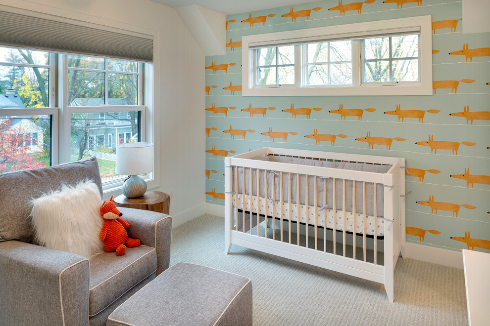 Photo of a transitional nursery in Minneapolis with grey floor.