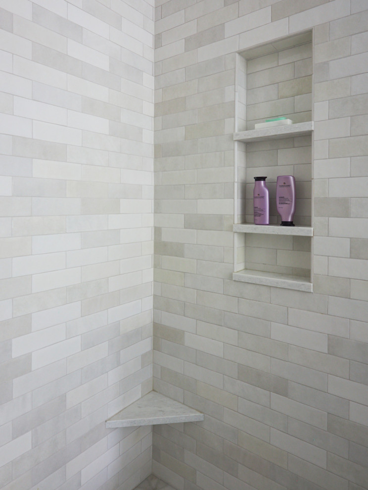 Inspiration for a large transitional master double-sink freestanding bathtub remodel in Chicago with shaker cabinets, brown cabinets and an undermount sink