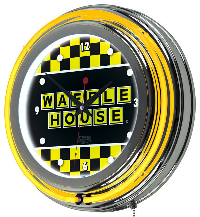 Waffle House Checkered Chrome Double Ring Neon Clock