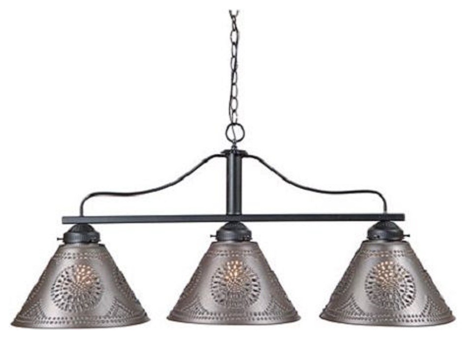 Large Wrought Iron Bar Island Light With Punched Tin Shades