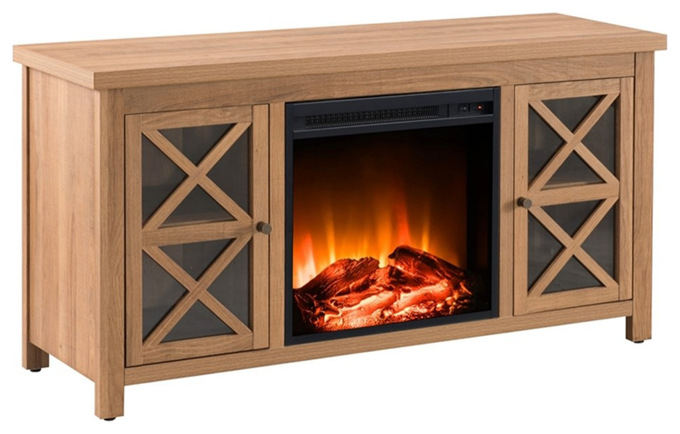 Pemberly Row TV Stand with Log Fireplace Insert in Golden Oak (TVs up