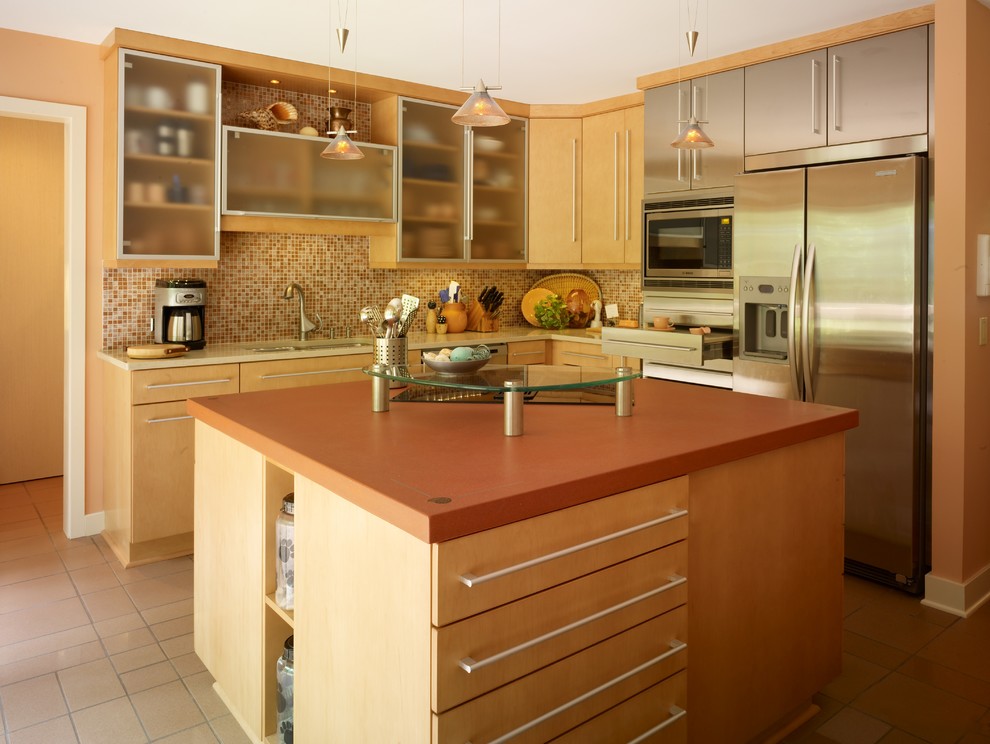 Example of a mid-sized transitional l-shaped enclosed kitchen design in Raleigh with flat-panel cabinets, light wood cabinets and an island