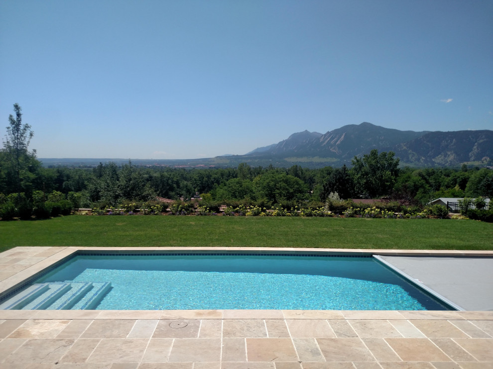 Large backyard rectangular pool photo in Denver
