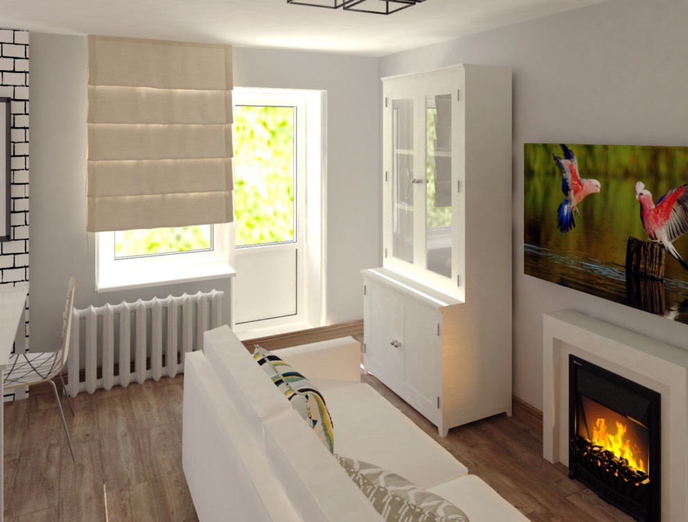 Exemple d'un petit salon scandinave ouvert avec une salle de réception, un mur gris, sol en stratifié, un téléviseur fixé au mur, un sol beige et du papier peint.