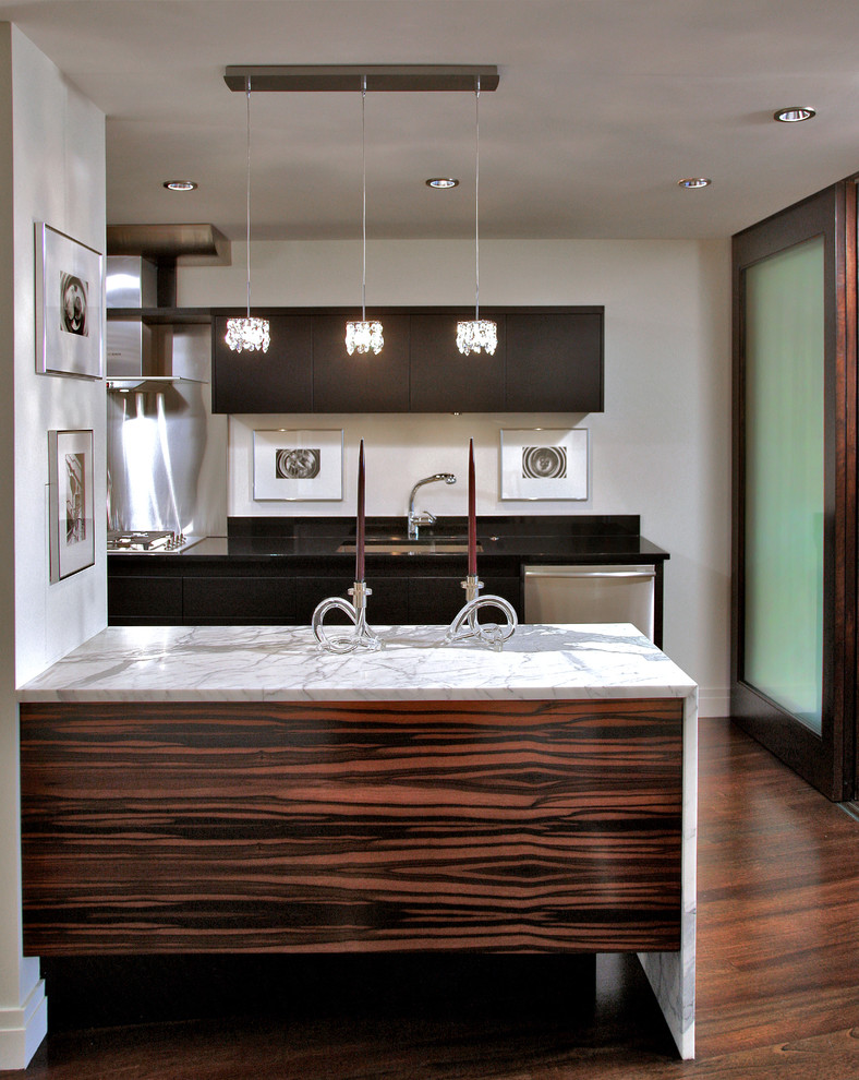 Modern kitchen in DC Metro with marble benchtops.
