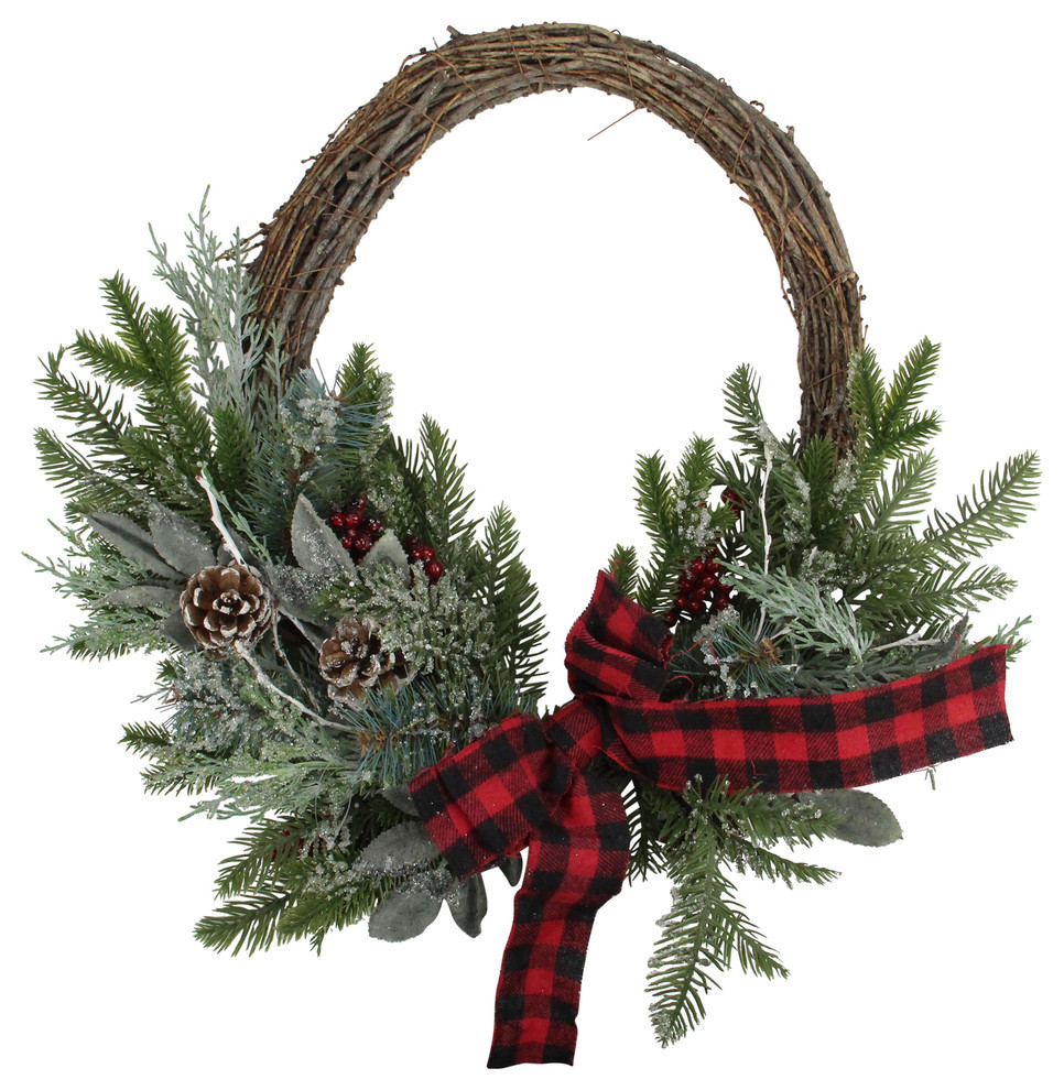 23" Iced Winter Foliage Christmas Twig Wreath With Red Bow Unlit
