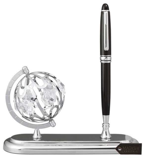 Highly Polished Chrome Plated Executive Globe Pen Desk Set