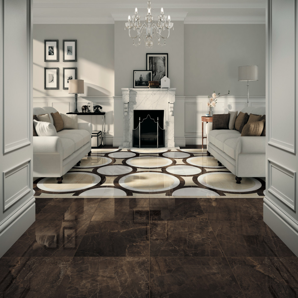 Idée de décoration pour un salon de taille moyenne avec un mur blanc, un sol en marbre, un poêle à bois, un sol marron et du lambris.