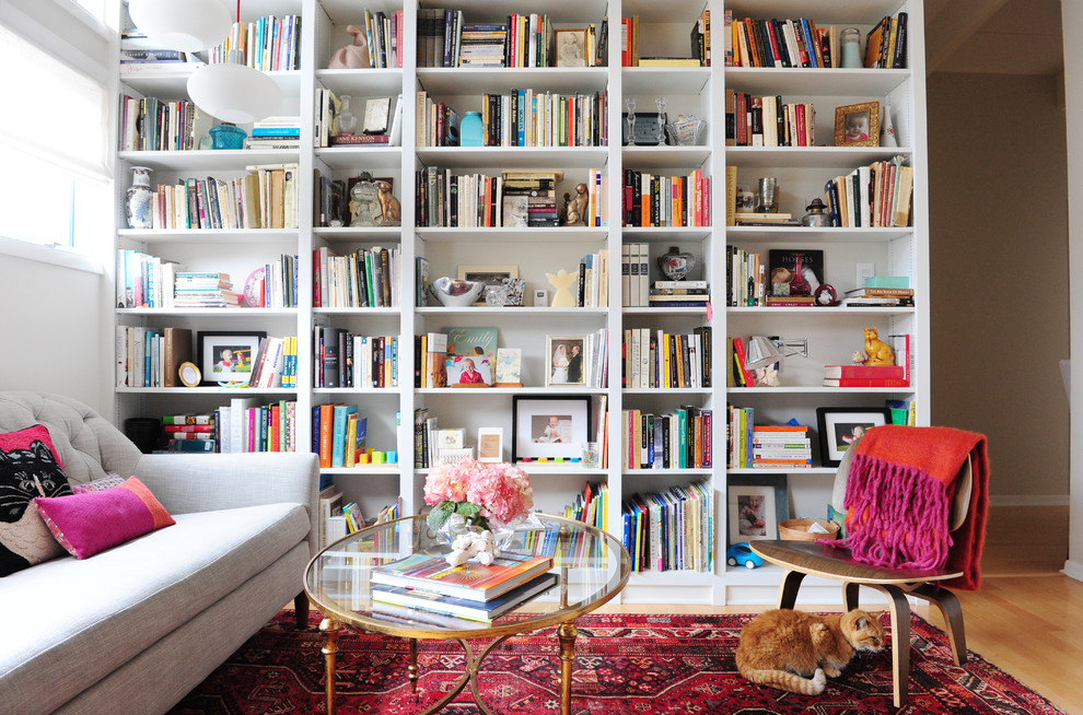 Family room library - small 1950s open concept family room library idea in Indianapolis with white walls, no fireplace and no tv