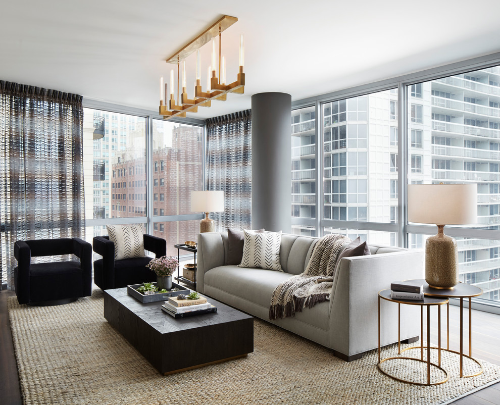 Living room - transitional dark wood floor and beige floor living room idea in Chicago