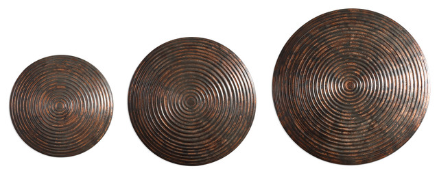 3 Piece Copper Bronze Wall Disc Sculpture Set Metal Round Circle Modern Industr Traditional Art By My Sy Home Houzz - Bronze Wall Artwork