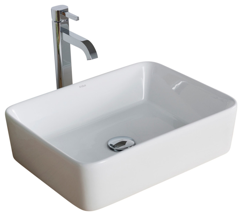 Elavo Square Ceramic Vessel Sink, Bathroom Ramus Faucet, PU Drain, Chrome