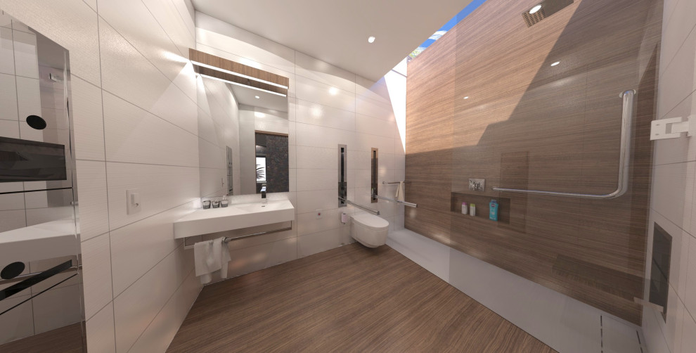 This is an example of a small beach style 3/4 bathroom in Other with flat-panel cabinets, white cabinets, a one-piece toilet, white tile, ceramic tile, brown walls, ceramic floors, a wall-mount sink, engineered quartz benchtops, multi-coloured floor, a sliding shower screen, white benchtops, a shower seat, a single vanity and a floating vanity.