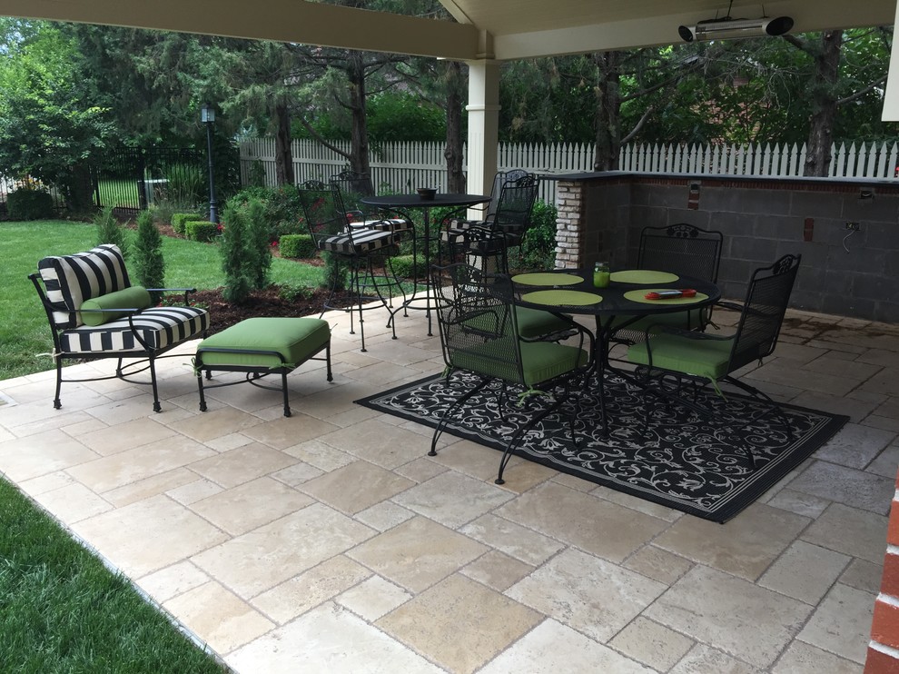 Expansive modern backyard patio in Wichita with a fire feature, tile and a roof extension.
