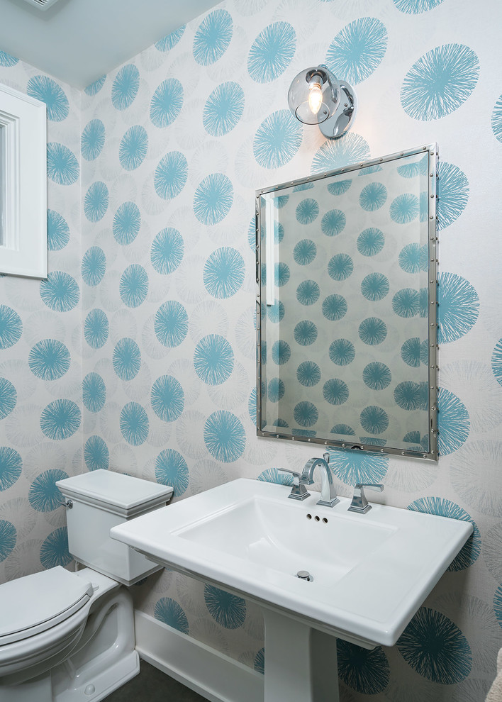 Inspiration for a small transitional gray tile and ceramic tile ceramic tile and gray floor alcove shower remodel with shaker cabinets, blue cabinets, a two-piece toilet, gray walls, an undermount sink, quartz countertops and a hinged shower door