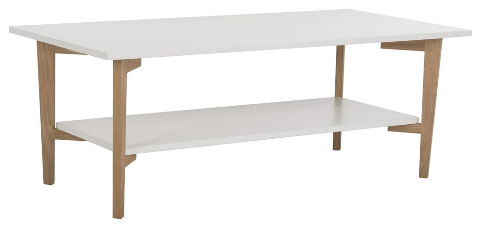 Scandinavian Coffee Table, Natural Brown Wood Legs With White Top & Lower Shelf