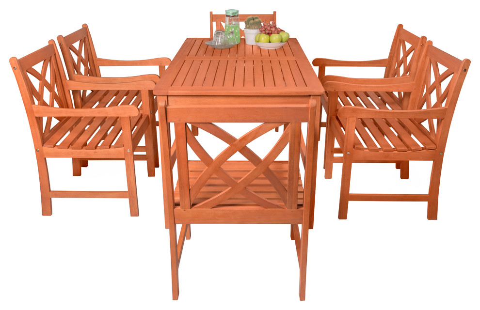 Vifah Malibu 7 Piece Wood Patio Dining Set Transitional Outdoor