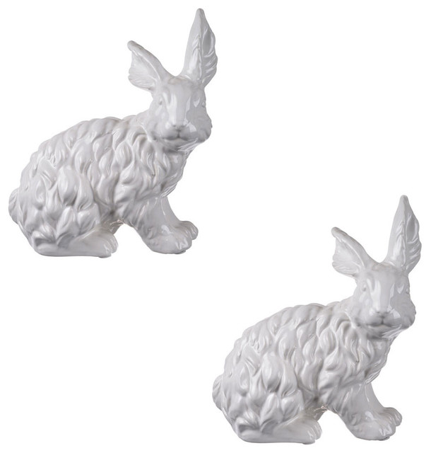 Fluffy Rabbit Statue Figurine, Set of 2, 10x5x11"