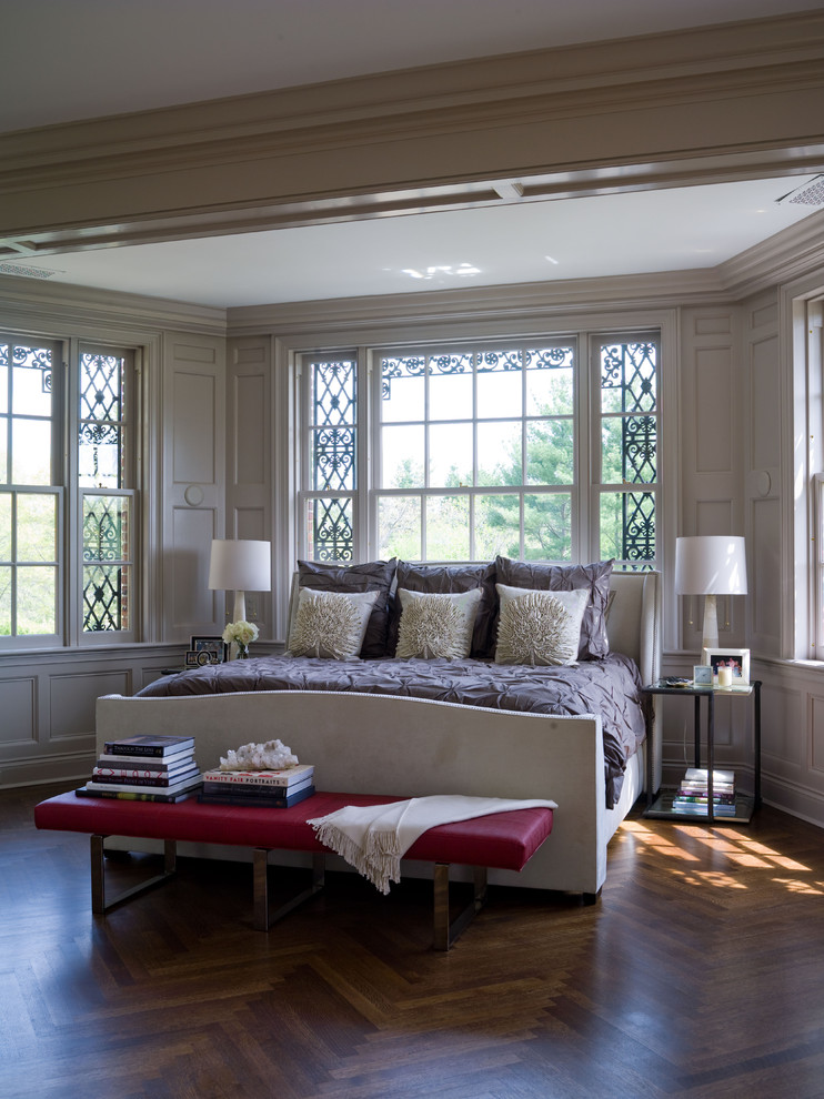 Inspiration for a traditional bedroom in New York with dark hardwood floors.