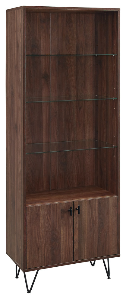 68" Mid-Century Modern Storage Cabinet with Glass Shelving, Dark Walnut