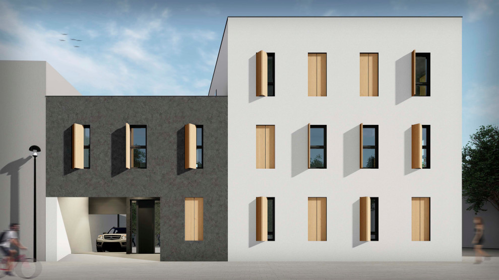 Inspiration för mellanstora flerfärgade lägenheter, med tre eller fler plan, platt tak och tak i mixade material