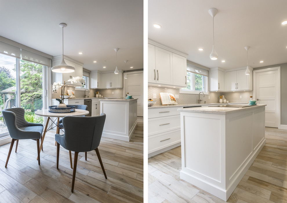 Mid-sized transitional l-shaped porcelain tile and beige floor home design photo with an undermount sink, shaker cabinets, white cabinets, quartz countertops, gray backsplash, mosaic tile backsplash, stainless steel appliances and an island
