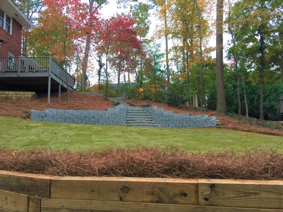 Modular Concrete Block Wall with Steps, Pressure Treated Timber Walls, Sod
