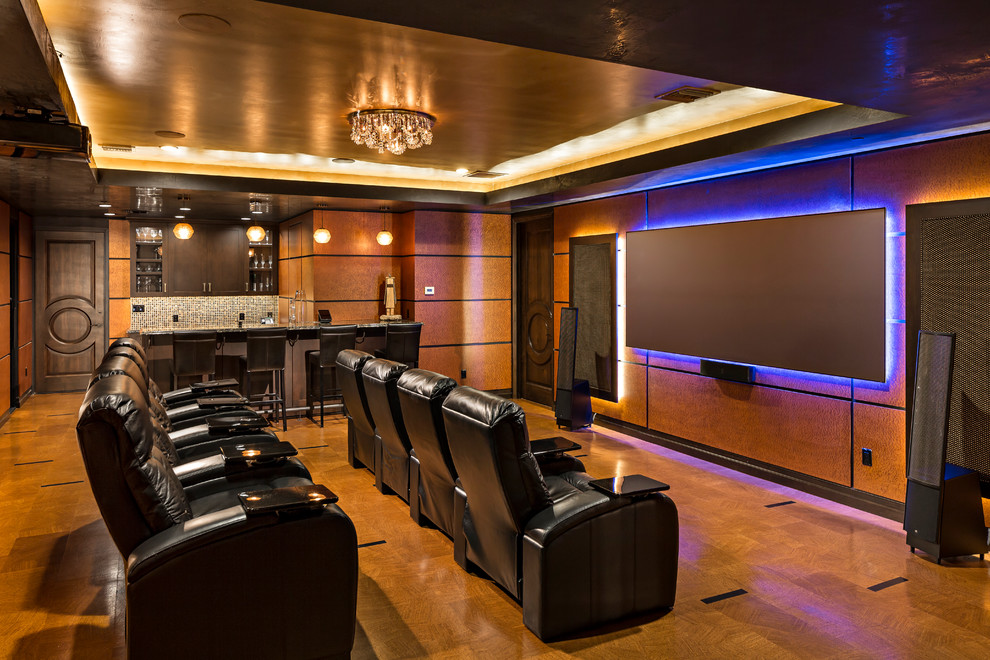 Design ideas for a transitional enclosed home theatre in Phoenix with brown walls and a projector screen.