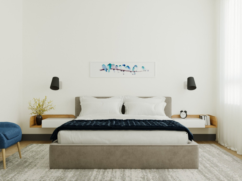 Mittelgroßes Modernes Hauptschlafzimmer mit weißer Wandfarbe und beigem Boden in London