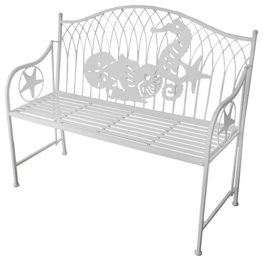 Coastal Shores White Beach Theme Metal Indoor Bench Beach Style