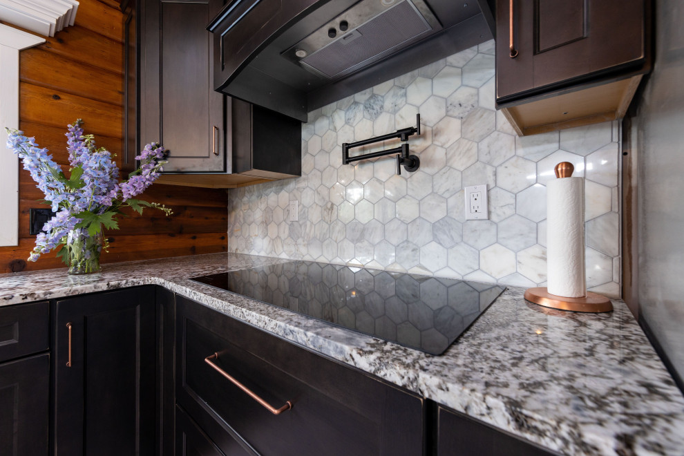Inspiration for a mid-sized rustic u-shaped ceramic tile, multicolored floor and wood ceiling eat-in kitchen remodel with a farmhouse sink, shaker cabinets, distressed cabinets, granite countertops, gray backsplash, ceramic backsplash, stainless steel appliances, no island and multicolored countertops