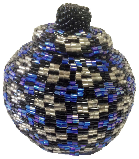 Manggis Handwoven Art Glass Basket, Blues Silver Emblem