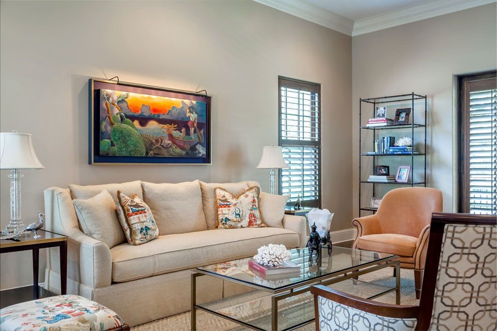 This is an example of a large mediterranean formal open concept living room in Tampa with beige walls, dark hardwood floors, no fireplace, no tv and brown floor.