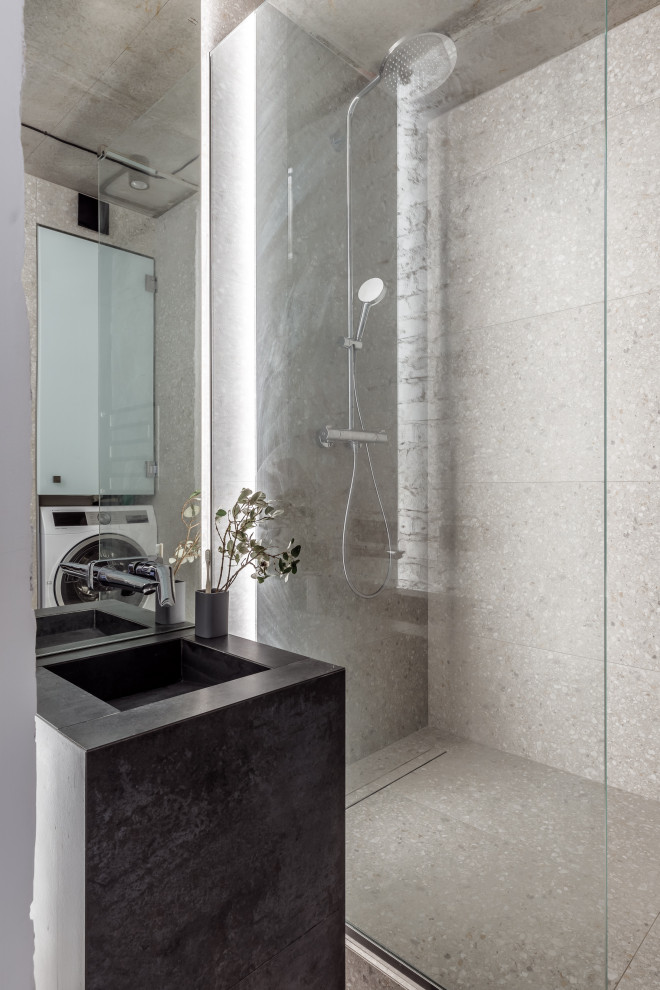 Inspiration for an industrial bathroom in Moscow with an alcove shower, gray tile, an integrated sink, grey floor, an open shower, grey benchtops and a single vanity.