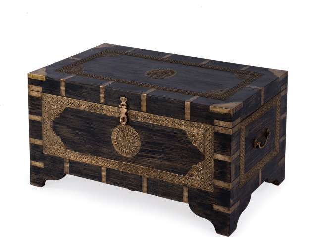 Nador Hand-Painted Brass Inlay Storage Trunk Coffee Table, Antique Coffee