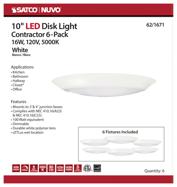 10 inch - LED Disk Light - 5000K - 6 Unit Contractor Pack - White ...