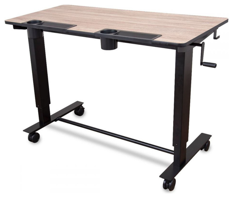 Two-Student Standing Desk With Crank Handle-Light Wood Desktop and Black Frame