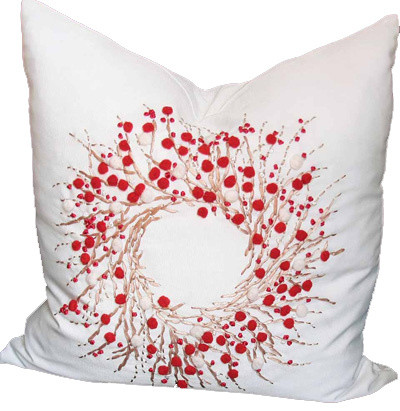 Handmade Holiday Berry Wreath Ribbon/Pom Pom Feather Filled Pillow, 18x3