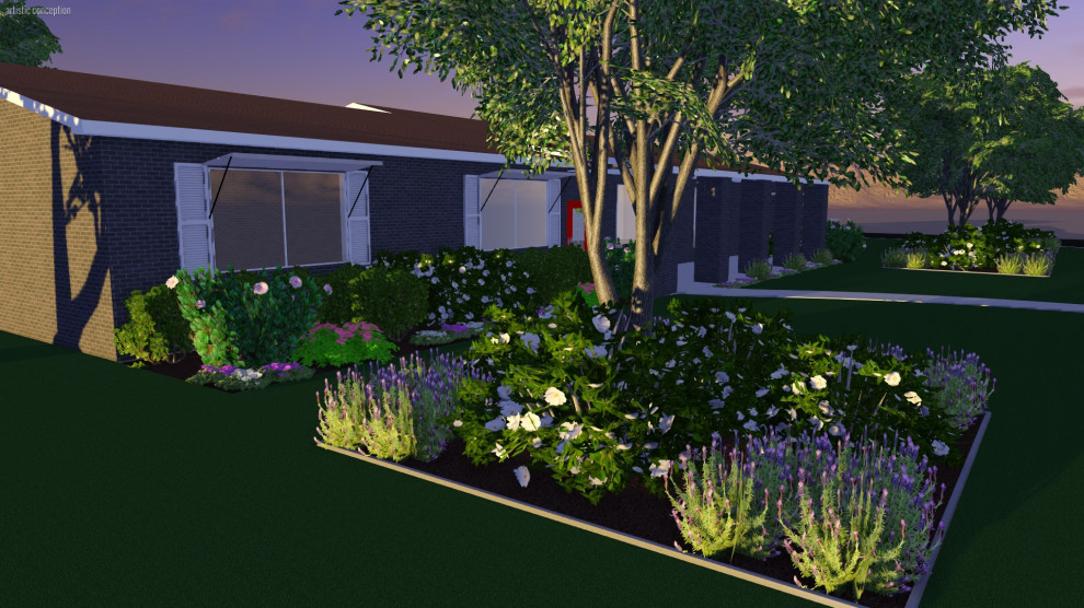 Exemple d'un grand aménagement d'entrée ou allée de jardin avant moderne au printemps avec une exposition ensoleillée et des pavés en béton.