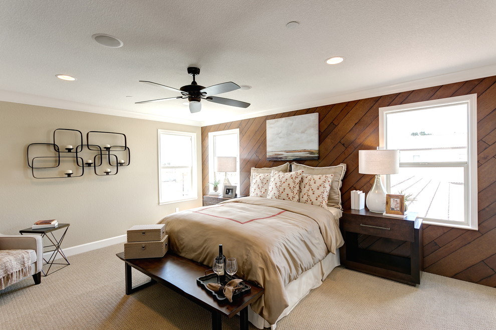 Inspiration for a mid-sized transitional master bedroom in Sacramento with beige walls, carpet, no fireplace and beige floor.