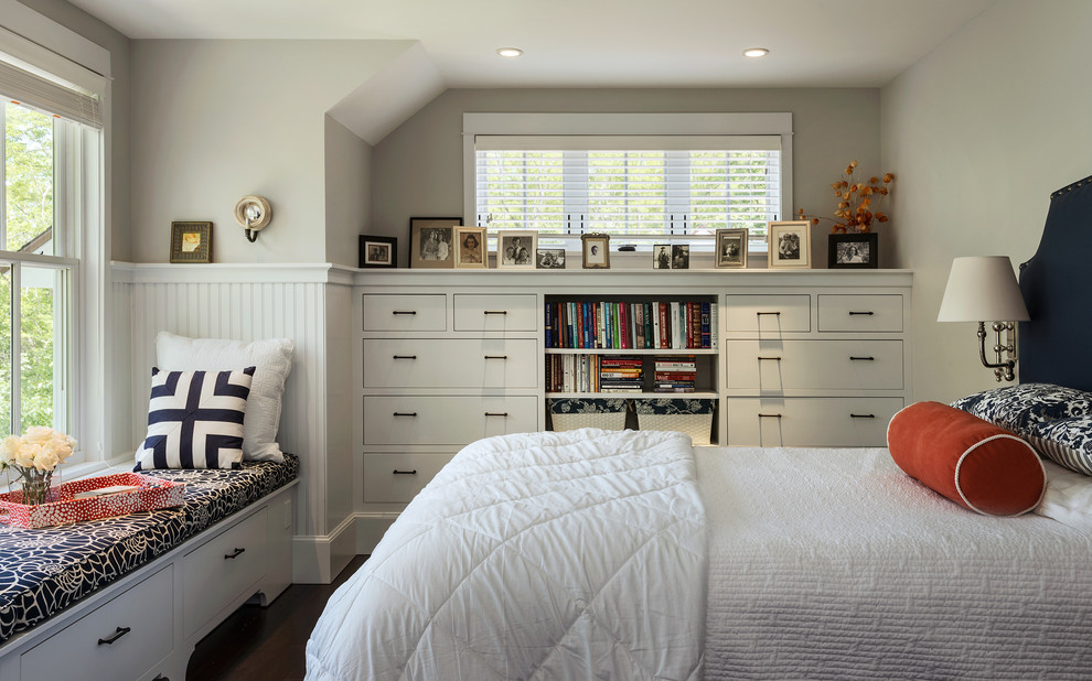 Beach style bedroom in Portland Maine with grey walls, dark hardwood floors and no fireplace.