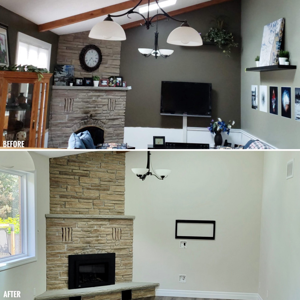 Inspiration for a transitional u-shaped open concept kitchen remodel with an undermount sink, recessed-panel cabinets, white cabinets, multicolored backsplash, stone tile backsplash, stainless steel appliances and a peninsula