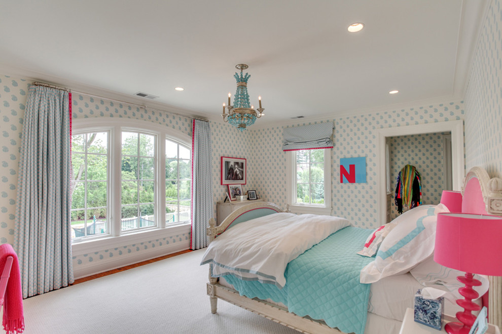 This is an example of a mid-sized traditional kids' bedroom for girls in Other with multi-coloured walls, carpet and beige floor.