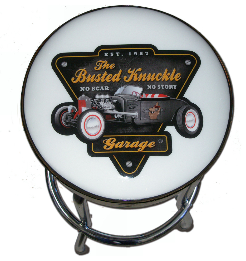 Busted Knuckle Garage Stool, Roadster Graphic On White Industrial