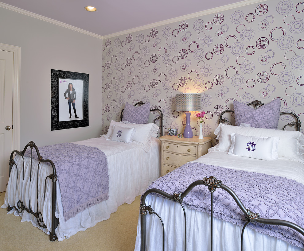 This is an example of a mid-sized traditional kids' room for girls in Houston with carpet and multi-coloured walls.