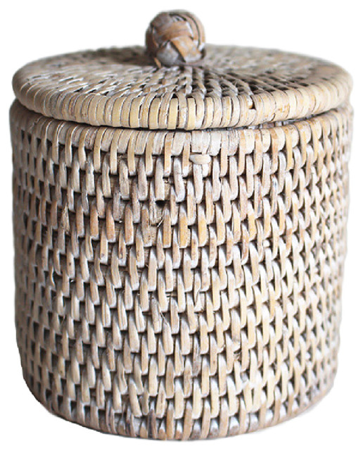 White Rattan Small Bathroom Containers Set of 2 Beach Style