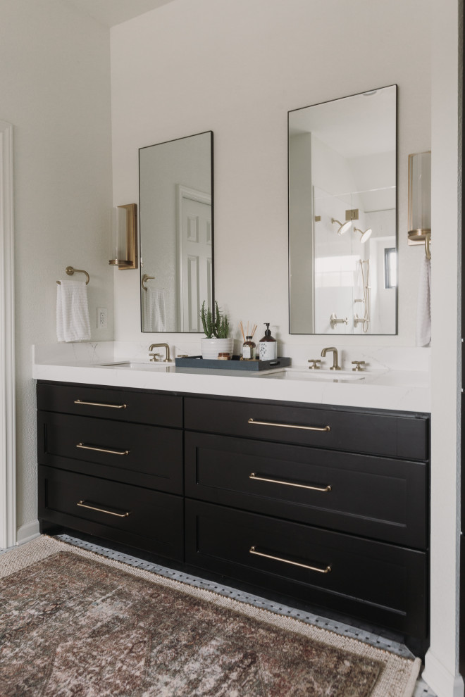 Bathroom - transitional porcelain tile and double-sink bathroom idea in Dallas with black cabinets, white walls, an undermount sink, quartzite countertops, white countertops and a built-in vanity