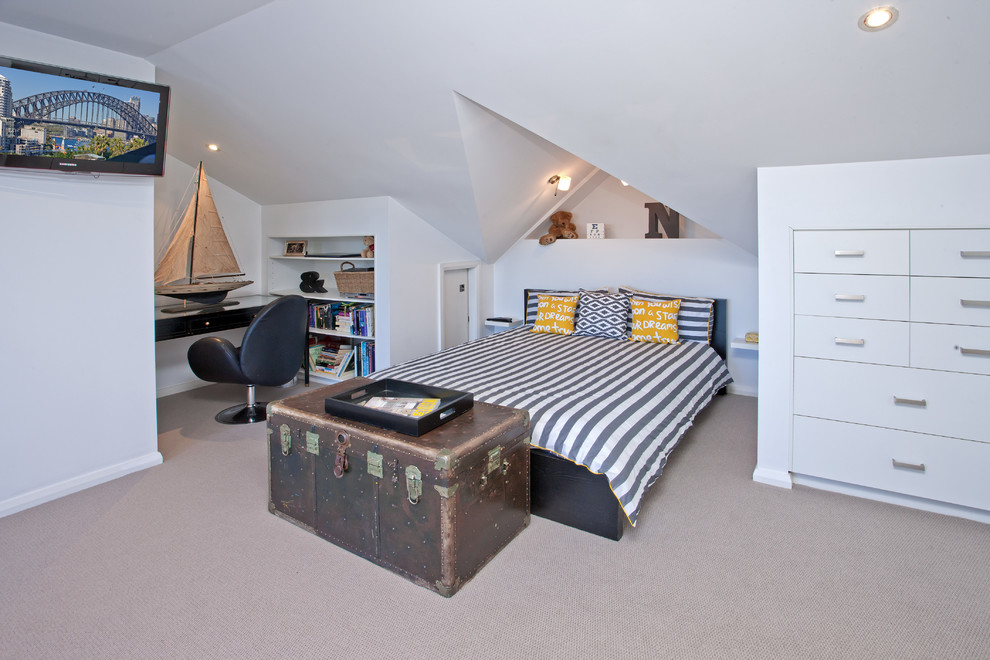 Large contemporary loft-style bedroom in Sydney with white walls, carpet, no fireplace and beige floor.